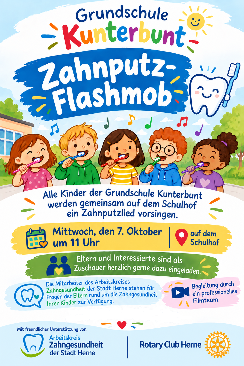 Plakat zum Zahnputz-Flashmob der Grundschule Kunterbunt